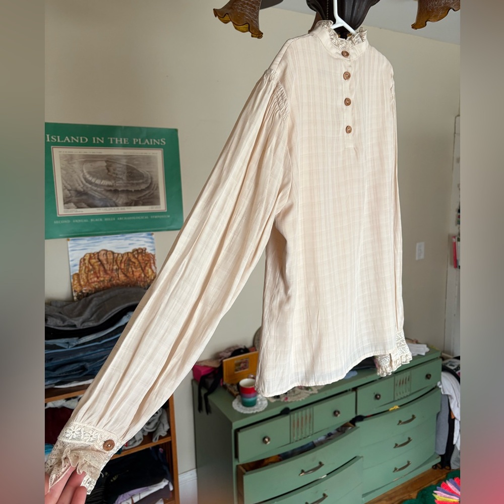 Lace Trim High-Neck Cream Blouse - Picture 3 of 13